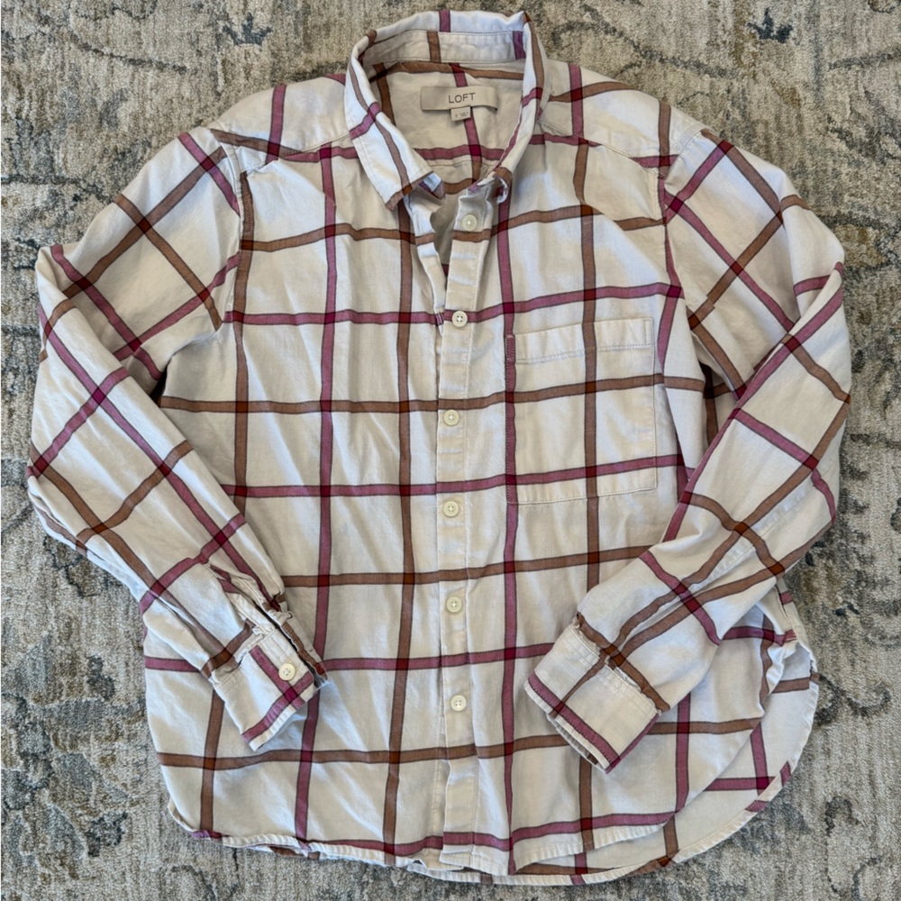 LOFT Cream Button-Down Shirt with Raspberry & Brown Plaid